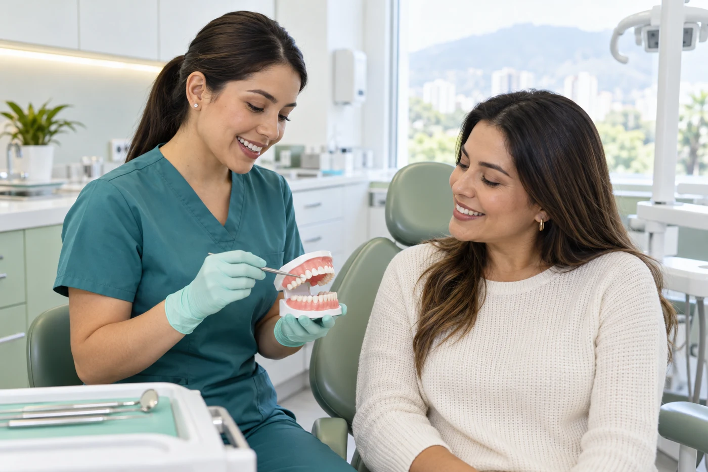 Imagen ilustrativa de una dentista explicando un modelo dental a una paciente